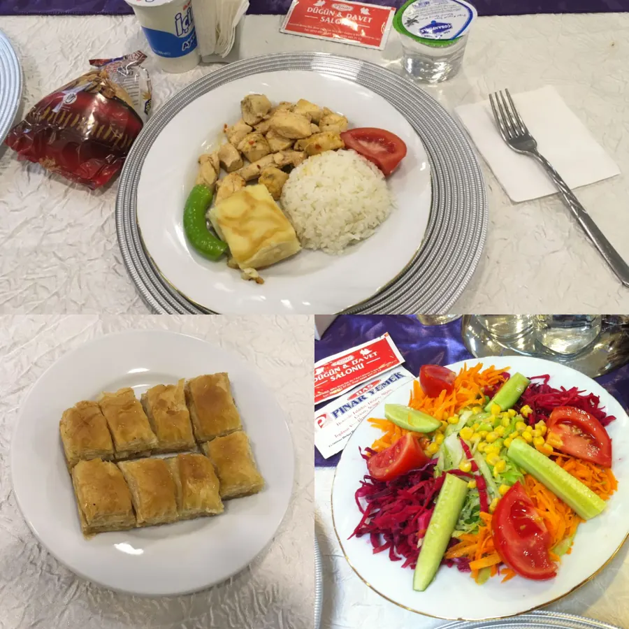 Yemekli menü: tavuk sote, pilav, baklava ve salata